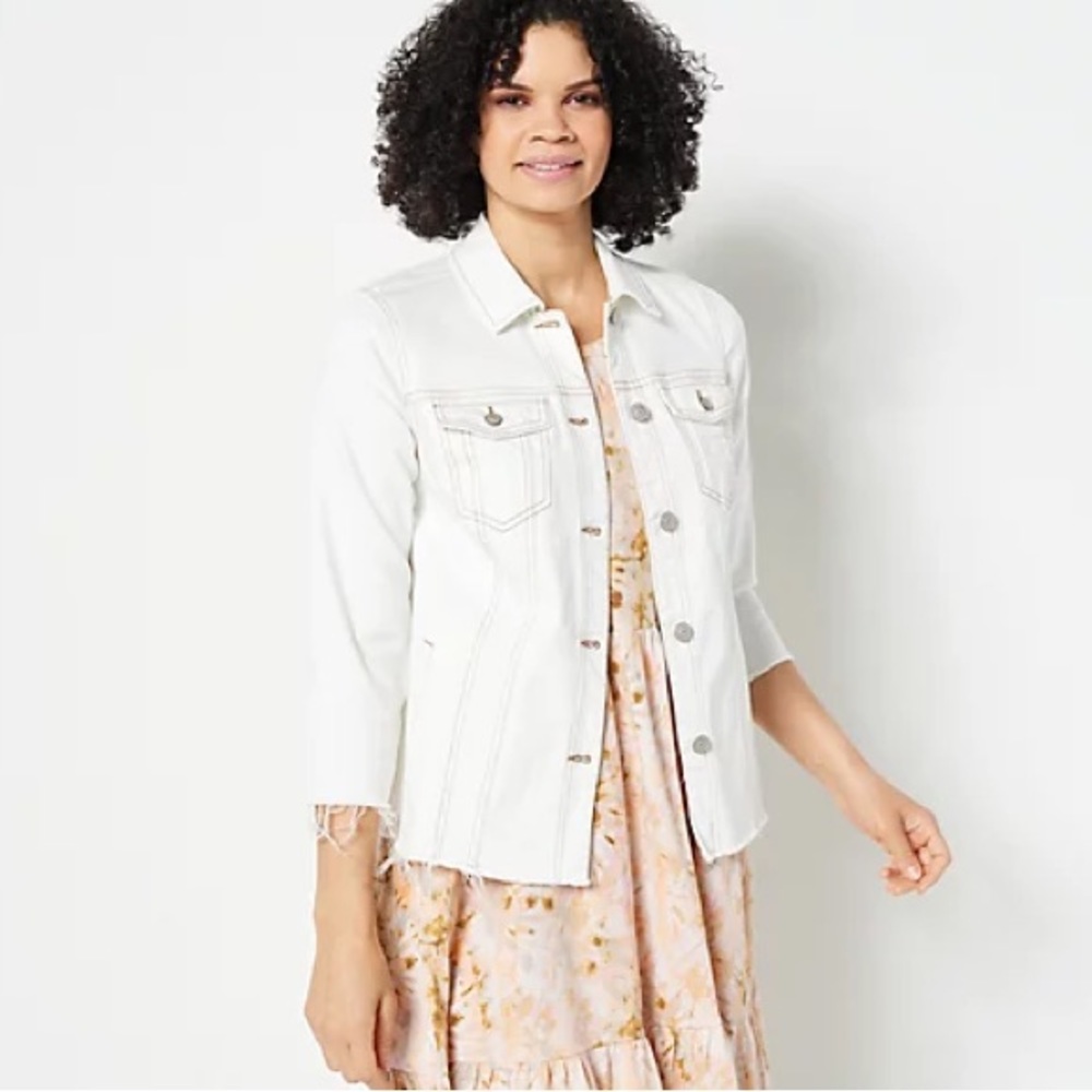 LOGO by Lori Goldstein Women's Sz 14 / Sleeve Denim Jacket Ivory A505929